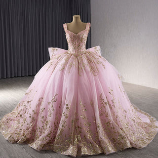 Sparkly Lace Applique Beaded Tiered Layered Quince Dress with Bowknot - Rosymae