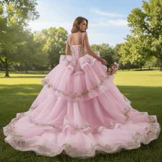 Sparkly Lace Applique Beaded Tiered Layered Quince Dress with Bowknot - Rosymae