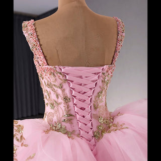 Sparkly Lace Applique Beaded Tiered Layered Quince Dress with Bowknot - Rosymae