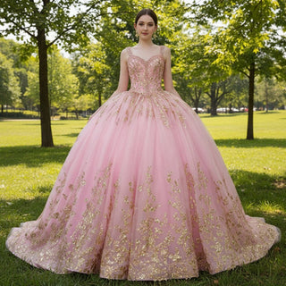 Sparkly Lace Applique Beaded Tiered Layered Quince Dress with Bowknot - Rosymae