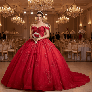 Sparkly Lace Applique Red Wedding Gowns Off the Shoulder Quince Dress - Rosymae