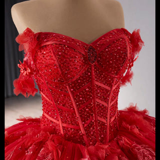 Sparkly Lace Applique Red Wedding Gowns Off the Shoulder Quince Dress - Rosymae