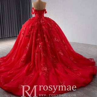 Sparkly Lace Applique Red Wedding Gowns Off the Shoulder Quince Dress - Rosymae