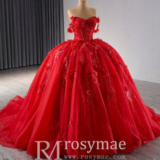Sparkly Lace Applique Red Wedding Gowns Off the Shoulder Quince Dress - Rosymae