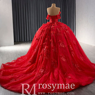 Sparkly Lace Applique Red Wedding Gowns Off the Shoulder Quince Dress - Rosymae