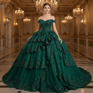 Sparkly Lace Applique Tiered Wedding Gowns Off the Shoulder Quince Dress - Rosymae