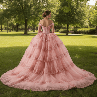 Sparkly Lace Applique Tiered Wedding Gowns Off the Shoulder Quince Dress - Rosymae