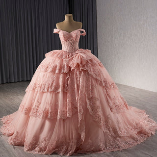 Sparkly Lace Applique Tiered Wedding Gowns Off the Shoulder Quince Dress - Rosymae
