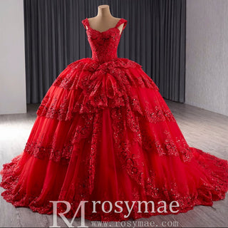 Sparkly Lace Applique Tiered Wedding Gowns Off the Shoulder Quince Dress - Rosymae