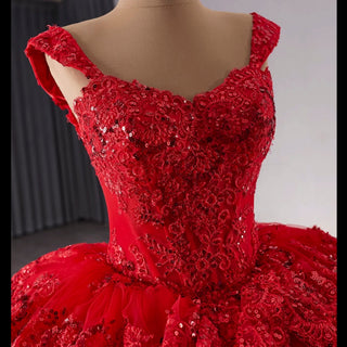 Sparkly Lace Applique Tiered Wedding Gowns Off the Shoulder Quince Dress - Rosymae
