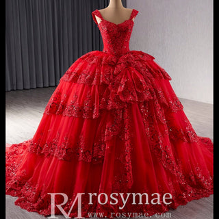 Sparkly Lace Applique Tiered Wedding Gowns Off the Shoulder Quince Dress - Rosymae