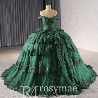 Sparkly Lace Applique Tiered Wedding Gowns Off the Shoulder Quince Dress - Rosymae