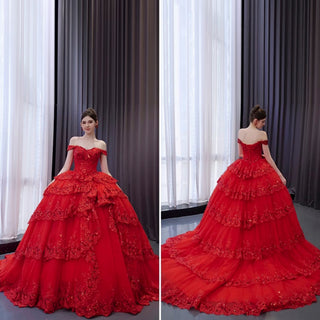 Sparkly Lace Applique Tiered Wedding Gowns Off the Shoulder Quince Dress - Rosymae