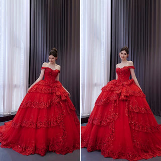 Sparkly Lace Applique Tiered Wedding Gowns Off the Shoulder Quince Dress - Rosymae