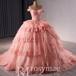 Sparkly Lace Applique Tiered Wedding Gowns Off the Shoulder Quince Dress - Rosymae