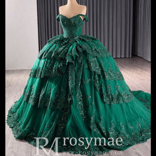 Sparkly Lace Applique Tiered Wedding Gowns Off the Shoulder Quince Dress - Rosymae