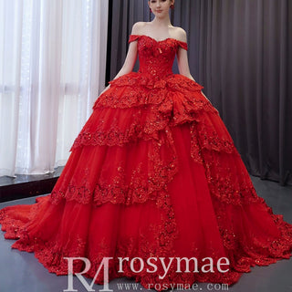 Sparkly Lace Applique Tiered Wedding Gowns Off the Shoulder Quince Dress - Rosymae