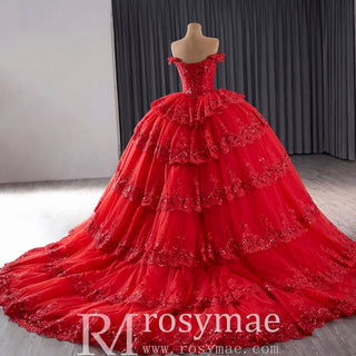 Sparkly Lace Applique Tiered Wedding Gowns Off the Shoulder Quince Dress - Rosymae