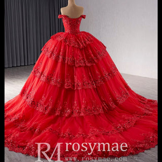 Sparkly Lace Applique Tiered Wedding Gowns Off the Shoulder Quince Dress - Rosymae