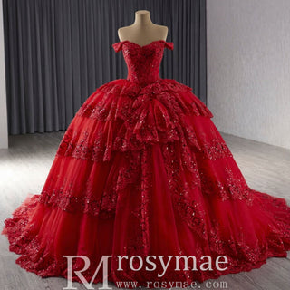 Sparkly Lace Applique Tiered Wedding Gowns Off the Shoulder Quince Dress - Rosymae