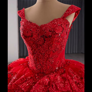 Sparkly Lace Applique Tiered Wedding Gowns Off the Shoulder Quince Dress - Rosymae