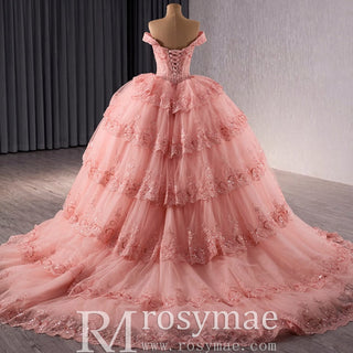 Sparkly Lace Applique Tiered Wedding Gowns Off the Shoulder Quince Dress - Rosymae