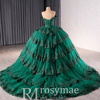 Sparkly Lace Applique Tiered Wedding Gowns Off the Shoulder Quince Dress - Rosymae