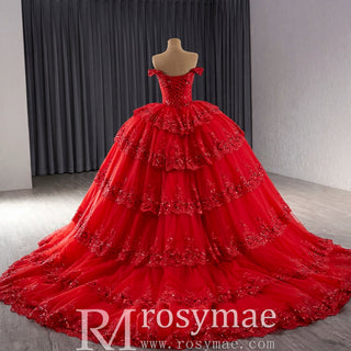 Sparkly Lace Applique Tiered Wedding Gowns Off the Shoulder Quince Dress - Rosymae