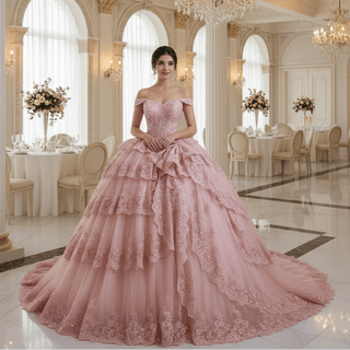 Sparkly Lace Applique Tiered Wedding Gowns Off the Shoulder Quince Dress - Rosymae