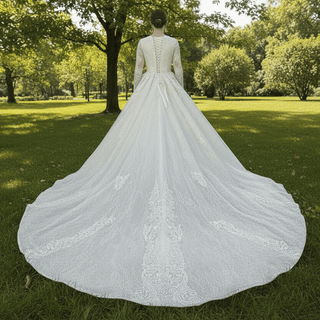 Sparkly Lace Long Sleeves Illusion Boat Neck Ball Gown Wedding Dress - Rosymae