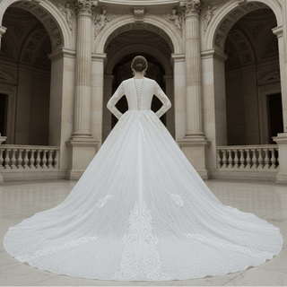 Sparkly Lace Long Sleeves Illusion Boat Neck Ball Gown Wedding Dress - Rosymae