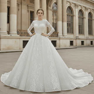 Sparkly Lace Long Sleeves Illusion Boat Neck Ball Gown Wedding Dress - Rosymae