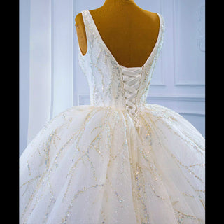 Sparkly Lace Wedding Dress V-neck Beaded Ball Gown with Low Back - Rosymae