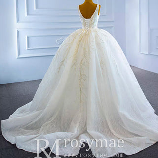 Sparkly Lace Wedding Dress V-neck Beaded Ball Gown with Low Back - Rosymae
