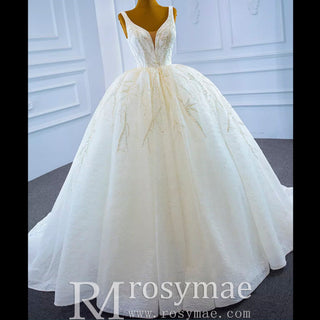 Sparkly Lace Wedding Dress V-neck Beaded Ball Gown with Low Back - Rosymae