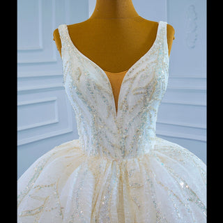 Sparkly Lace Wedding Dress V-neck Beaded Ball Gown with Low Back - Rosymae