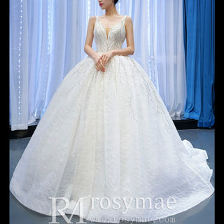 Sparkly Lace Wedding Dress V-neck Beaded Ball Gown with Low Back - Rosymae