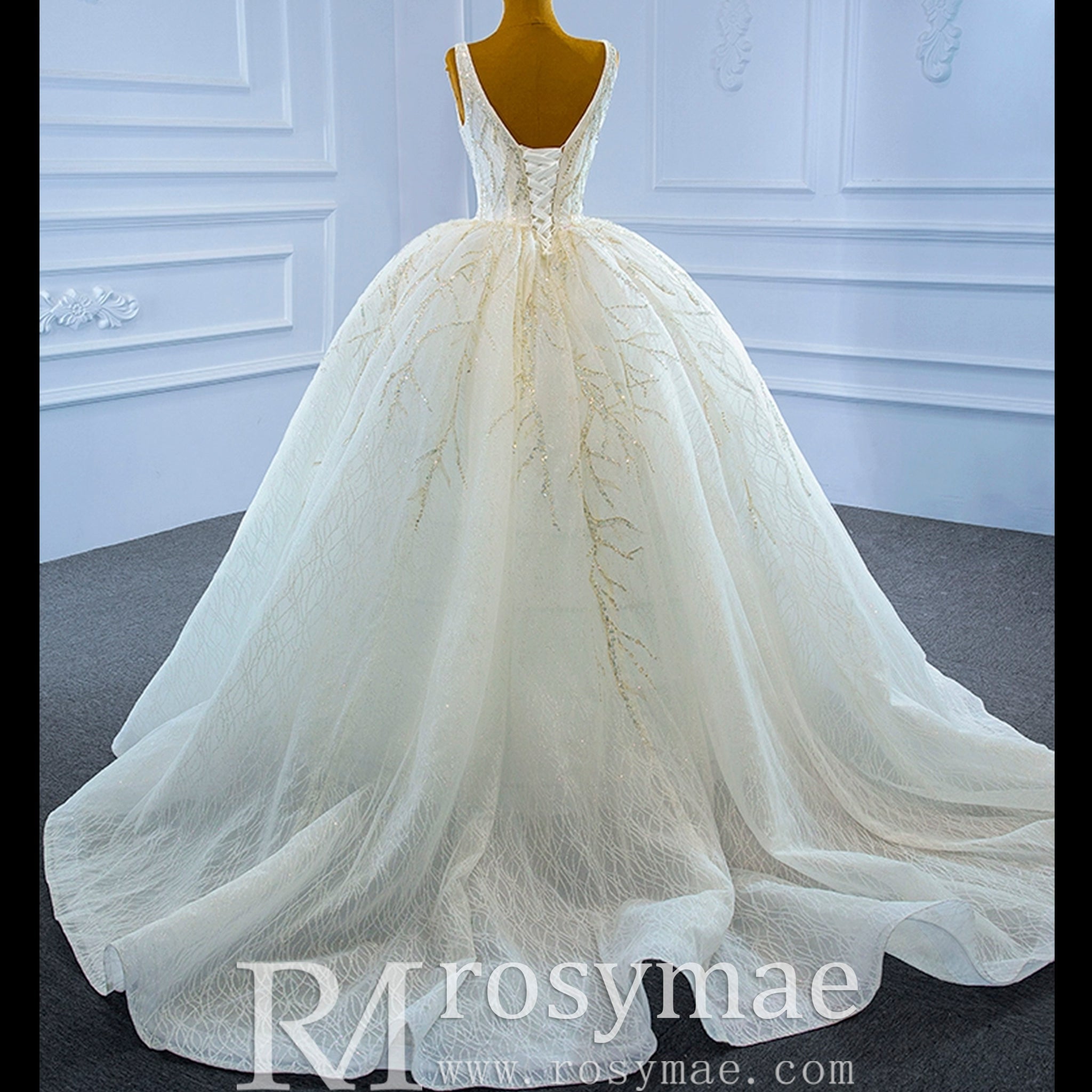 Sparkly Lace Wedding Dress V-neck Beaded Ball Gown with Low Back - Rosymae