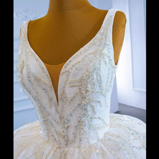 Sparkly Lace Wedding Dress V-neck Beaded Ball Gown with Low Back - Rosymae