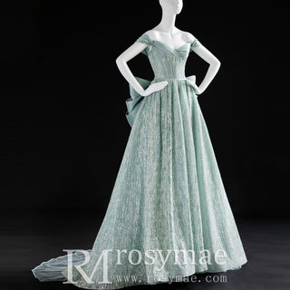Light Green Sparkly Evening Dress Party Gown with Off Shoulder Sleeves