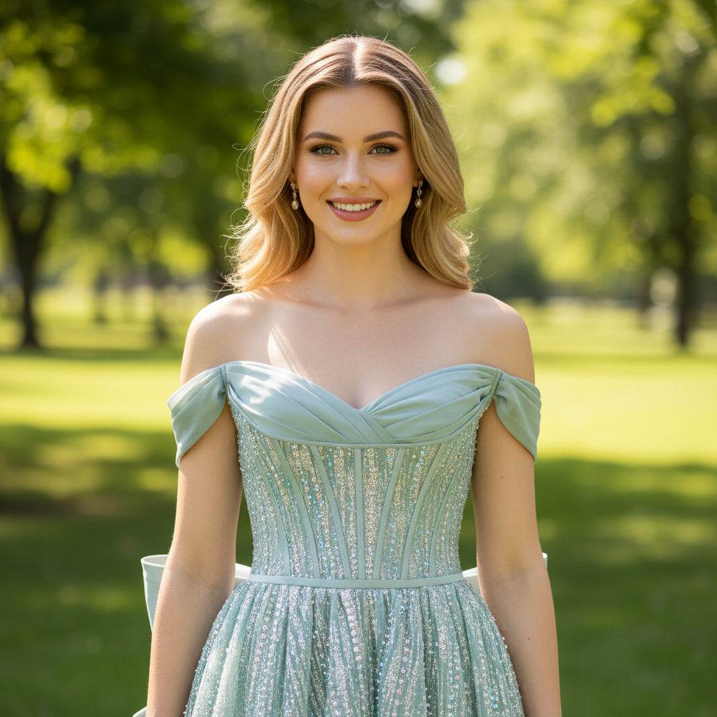 Light Green Sparkly Evening Dress Party Gown with Off Shoulder Sleeves Rosymae Light Green Sparkly Evening Dress Party Gown with Off Shoulder Sleeves Rosymae