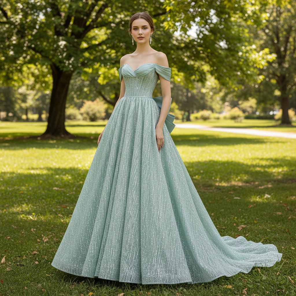 Light Green Sparkly Evening Dress Party Gown with Off Shoulder Sleeves Rosymae Light Green Sparkly Evening Dress Party Gown with Off Shoulder Sleeves Rosymae