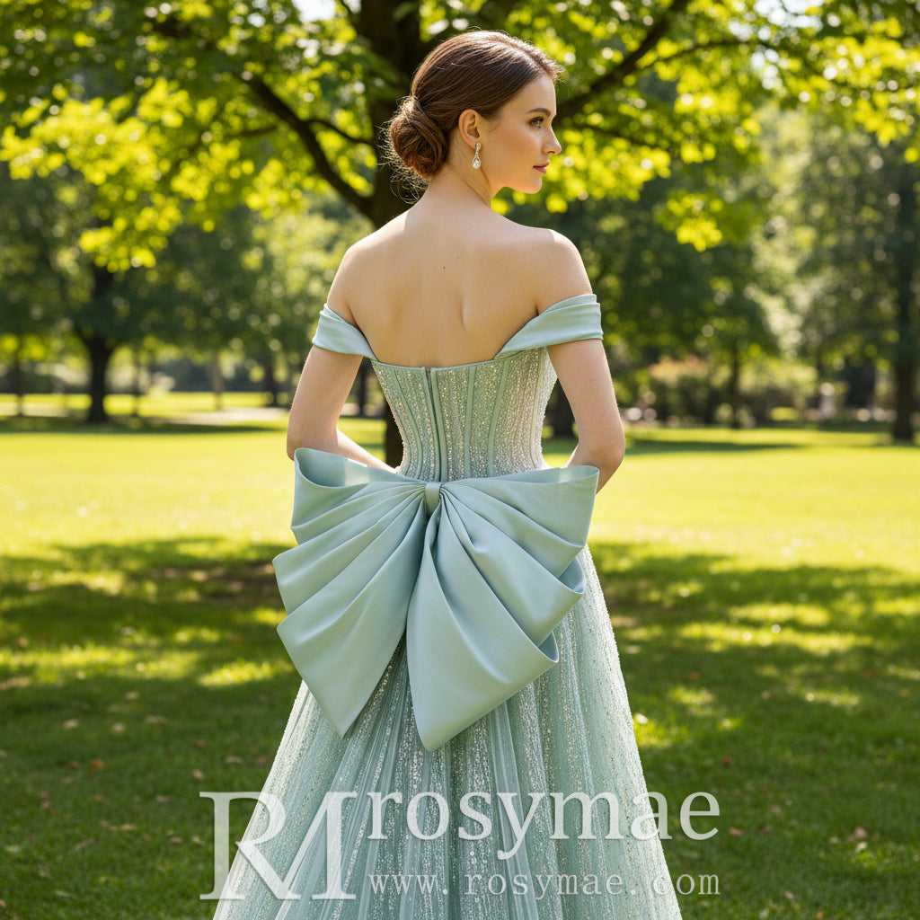 Light Green Sparkly Evening Dress Party Gown with Off Shoulder Sleeves Rosymae Light Green Sparkly Evening Dress Party Gown with Off Shoulder Sleeves Rosymae