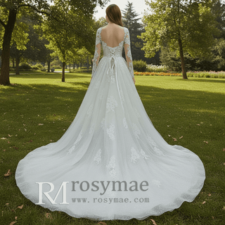 Sparkly Long Sleeve Lace A-Line Wedding Dress Glitter Bridal Gown - Rosymae