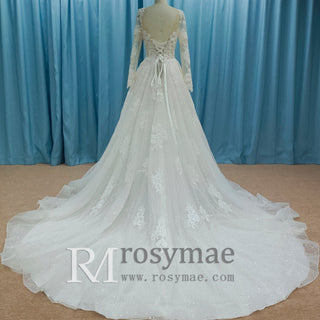 Sparkly Long Sleeve Lace A-Line Wedding Dress Glitter Bridal Gown - Rosymae