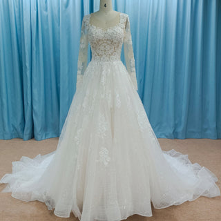 Sparkly Long Sleeve Lace A-Line Wedding Dress Glitter Bridal Gown - Rosymae