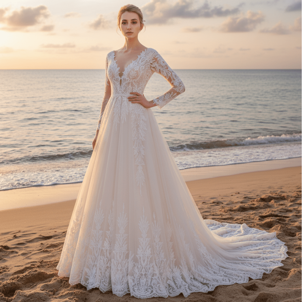 Sparkly Long Sleeve Lace A-Line Wedding Dress with Glitter Tulle - Rosymae