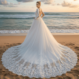 Sparkly Long Sleeve Lace A-Line Wedding Dress with Glitter Tulle - Rosymae