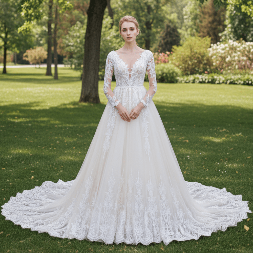 Sparkly Long Sleeve Lace A-Line Wedding Dress with Glitter Tulle - Rosymae