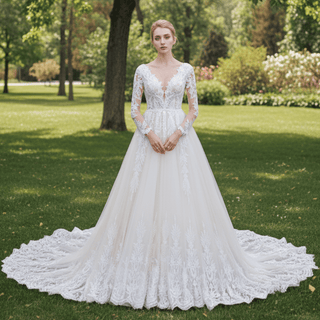 Sparkly Long Sleeve Lace A-Line Wedding Dress with Glitter Tulle - Rosymae